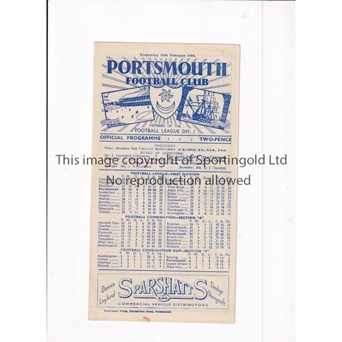 51 - MANCHESTER UNITED     Programme for the away League match v Portsmouth 15/2/1950. Wednesday afternoo... 