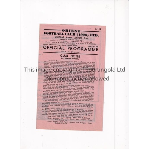 58 - LEYTON ORIENT  V SOUTHEND UNITED 1946   Programme for the match at Leyton 30/3/1946.    Generally go... 