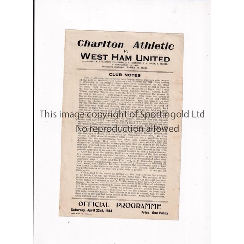 582 - CHARLTON ATHLETIC     Single sheet programme for the home FL South match v West Ham United 22/4/1944... 