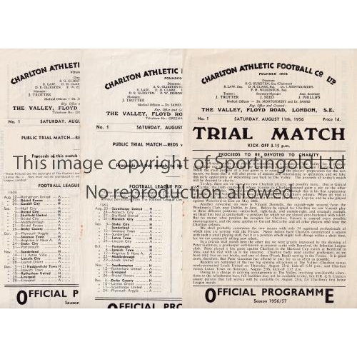 588 - CHARLTON ATHLETIC       Three single sheet programmes for Public Practice Matches 11/8/1956, 15/8/19... 