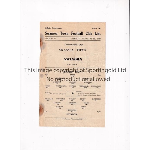 607 - 1949 SWANSEA RESERVES V SWINDON RESERVES   A single sheet for the Combination Cup tie at Swansea 5/2... 