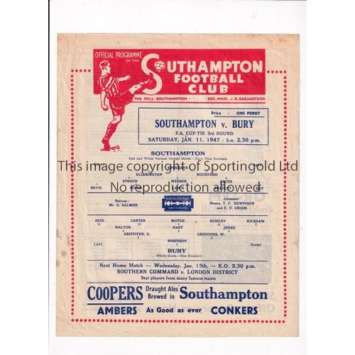 663 - SOUTHAMPTON     Single sheet programme for the home FA Cup tie v Bury 11/1/1947, slightly creased.  ... 