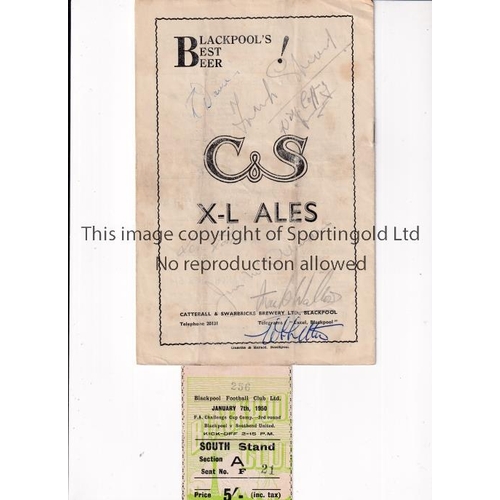 664 - SOUTHEND UNITED 1950 / AUTOGRAPHS     Programme and ticket for the away FA Cup tie v Blackpool 7/1/1... 