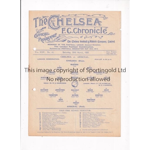 668 - CHELSEA V ARSENAL 1930       Single sheet programme for the London Combination match at Chelsea 29/3... 