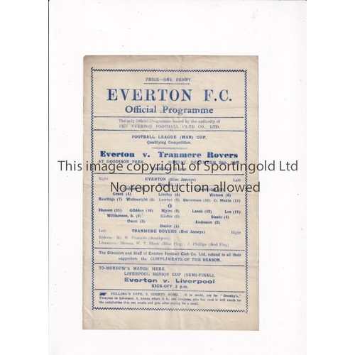 674 - EVERTON      Single sheet programme for the home FL War Cup Qualifying match v Tranmere 25/12/1944, ... 