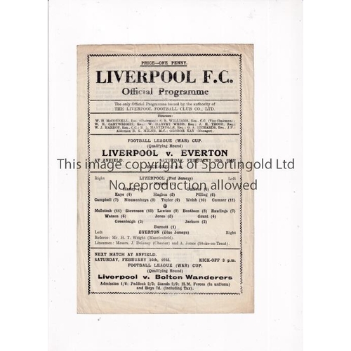 684 - LIVERPOOL     Single sheet programme for the home FL War Cup tie v Everton 10/2/1945, very slightly ... 