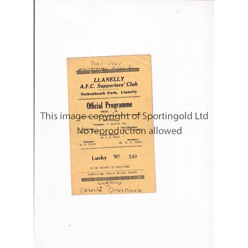 687 - LLANELLY  CARDIFF CORINTHIANS 1947       Programme for the Welsh League match at Llanelly 1/2/1947, ... 