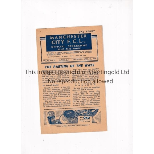 688 - MANCHESTER UNITED     Programme for the away FL North match v  Man City 13/4/1946, slight horizontal... 