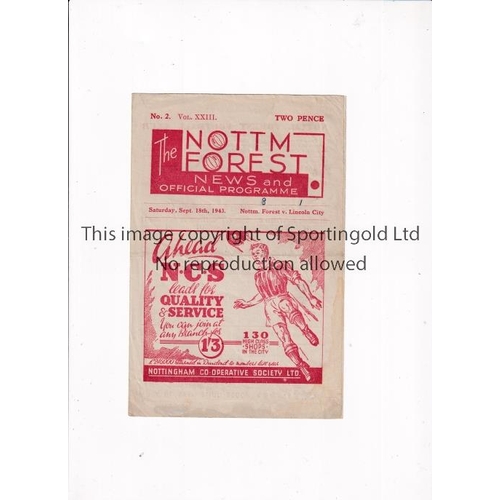 697 - NOTTINGHAM FOREST V LINCOLN CITY 1943     Programme for the match at Forest 18/9/1943, score on the ... 