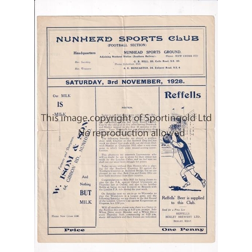 698 - NUNHEAD V LEYTONSTONE 1928      Programme for the League match at Nunhead 3/11/1928, folded in four ... 