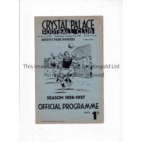 709 - CRYSTAL PALACE V QPR 1937    Programme for the London Combination match at Palace 17/2/1937.    Gene... 