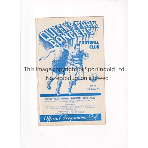 713 - QPR V NORTHAMPTON TOWN 1937       Programme for the League match at Rangers 25/9/1937, ex-binder.   ... 