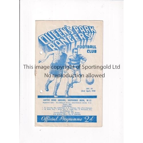 714 - QPR V SWINDON TOWN 1938      Programme for the League match at Rangers 23/4/1938, horizontal crease,... 