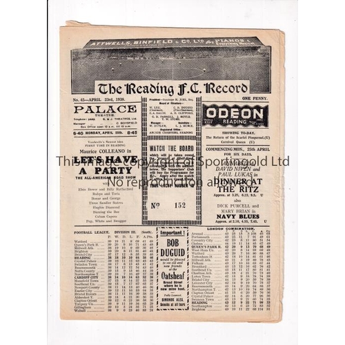 718 - READING V QPR 1938      Programme for the London Combination match at Reading 23/4/1938, very slight... 