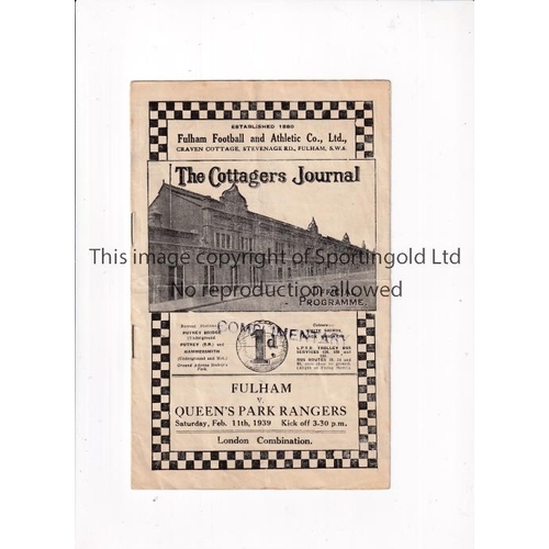 729 - FULHAM V QPR 1939       Programme for the London Combination match at Fulham 11/2/1939, horizontal f... 