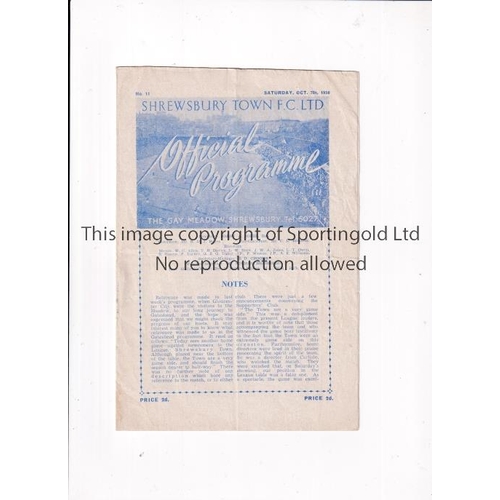 735 - SHREWSBURY TOWN 1950/1 / 1ST LEAGUE SEASON      Home programme v Accrington Stanley 7/10/1950, sligh... 