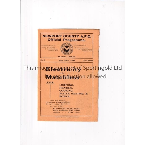 750 - 1938 NEWPORT COUNTY V ALDERSHOT   Programme for the League match at Newport 24/9/38, professional re... 