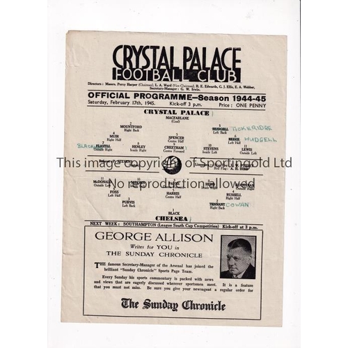 762 - CHELSEA     Single sheet programme for the away match at Crystal Palace 17/2/1945, slightly creased,... 