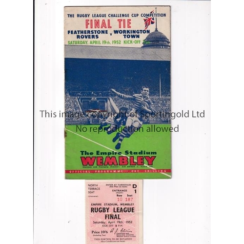 772 - 1952 RUGBY LEAGUE CHALLENGE CUP FINAL     Programme, with slightly rusty staples and seat ticket for... 