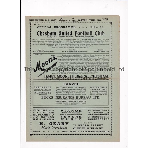 774 - CHESHAM UNITED V STAINES TOWN 1927      Programme for the Spartan League match at Chesham 3/12/1927,... 