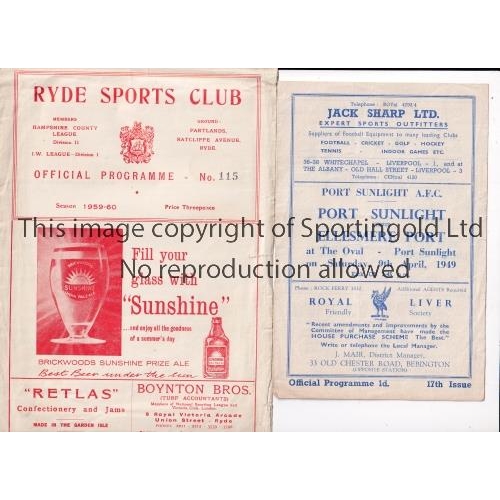 778 - NON-LEAGUE PROGRAMMES       Two programmes: Port Sunlight v Ellesmere Port 9/4/1949 Pyke Cup, slight... 