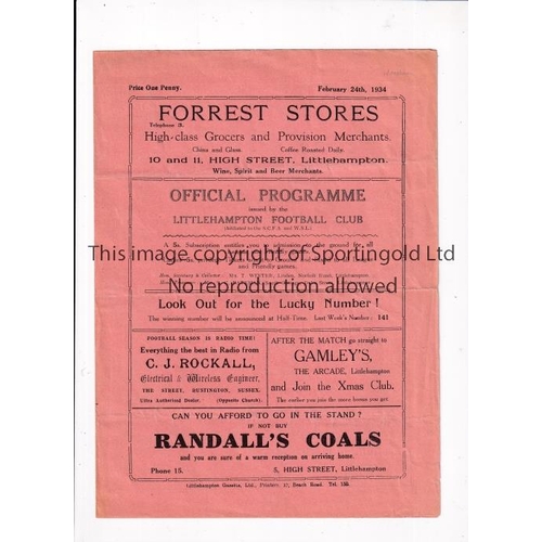 781 - LITTLEHAMPTON V HORSHAM 1934    Programme for the match at Littlehampton 24/2/1934, slightly creased... 