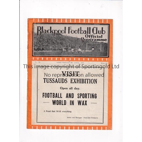 786 - BLACKPOOL V DERBY COUNTY 1931     Programme for the League match at Blackpool 3/4/1931, scores enter... 