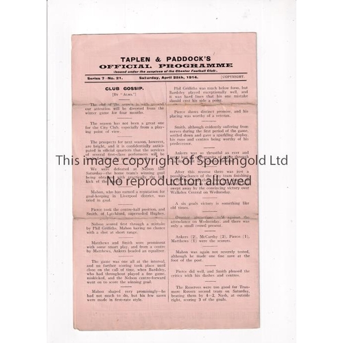 789 - CHESTER V HURST 1914     Programme for the Lancashire Combination League match 25/4/1914, slight hor... 