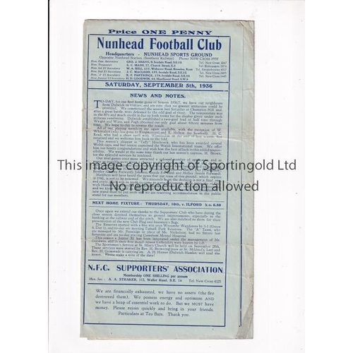 794 - NUNHEAD V DULWICH HAMLET 1936     Programme for the Isthmian League match at Nunhead 5/9/1936, folds... 