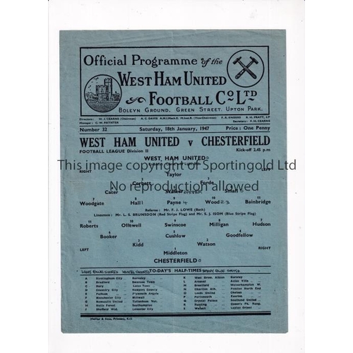 800 - WEST HAM UNITED      Single sheet programme for the home League match v Chesterfield 18/1/1947, slig... 