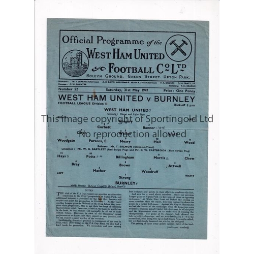 801 - WEST HAM UNITED      Single sheet programme for the home League match v Burnley 31/5/1947, slightly ... 