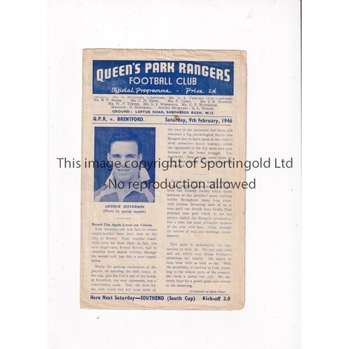 812 - 1945/6 FA CUP / QPR V BRENTFORD      Programme for the tie at Rangers 9/2/1946, slightly creased and... 