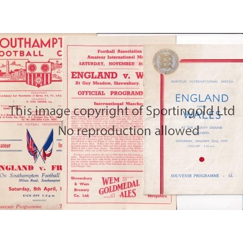 830 - ENGLAND AMATEUR FOOTBALL    Seven home programmes v Wales 1949 at Swindon, 1953 at Arsenal, horizont... 