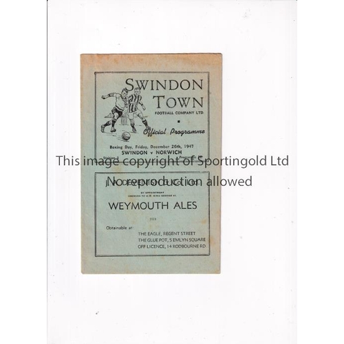 833 - SWINDON TOWN     Programme for the home League match v Norwich City 26/12/1947, very slightly crease... 