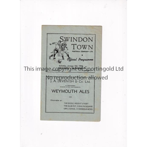 834 - SWINDON TOWN     Programme for the home League match v Aldershot 3/1/1948, slightly creased.    Gene... 