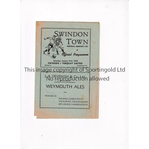 835 - SWINDON TOWN     Programme for the home League match v Torquay United 31/1/1948, ageing marks.    Ge... 