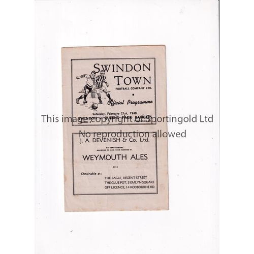 836 - SWINDON TOWN     Programme for the home League match v QPR 21/2/1948.    Generally good