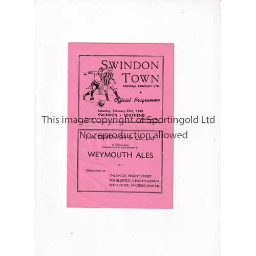 837 - SWINDON TOWN     Programme for the home League match v Southend United 28/2/1948, slightly creased. ... 