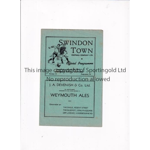 838 - SWINDON TOWN     Programme for the home League match v Watford 26/3/1948.    Generally good