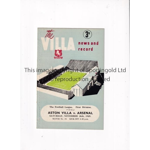 840 - ARSENAL     Programme for the away League match v Aston Villa 26/11/1949, ex-binder.    Generally go... 