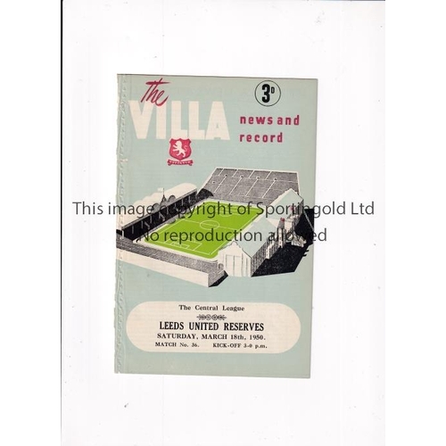 841 - LEEDS UNITED      Programme for the away Central League match v Aston Villa 18/3/1950, ex-binder.   ... 