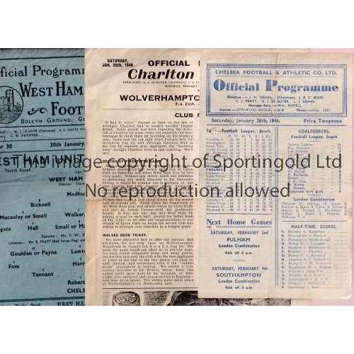 850 - 1945/6 FA CUP      Three programmes: Charlton v Wolves, folded, marked and minor tears and both legs... 