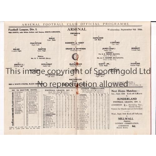 852 - ARSENAL     Programme for the home League match v Brentford 9/9/1936, staples removed.      Generall... 