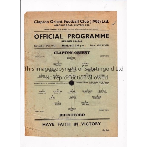 872 - CLAPTON ORIENT   Single sheet programme for the home Football League South match v Brentford 27/11/1... 