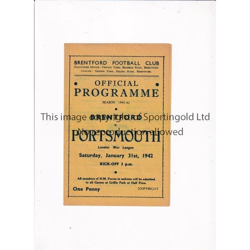 875 - BRENTFORD     Programme for the home London War League match v Portsmouth 31/1/1942.    Good