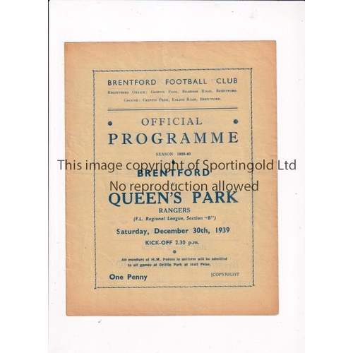 878 - BRENTFORD     Programme for the home League match v QPR 30/12/1939, slightly creased.     Generally ... 