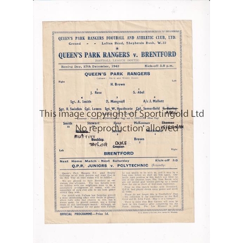 879 - QUEEN'S PARK RANGERS     Single sheet programme for the home FL South match v Brentford 27/12/1943, ... 