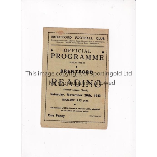 881 - BRENTFORD     Programme for the home abandoned Football League South match v Reading 20/11/1943, ver... 