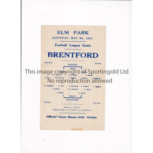 882 - READING    Single sheet programme for the home Football League South match v Brentford 6/5/1944, sli... 