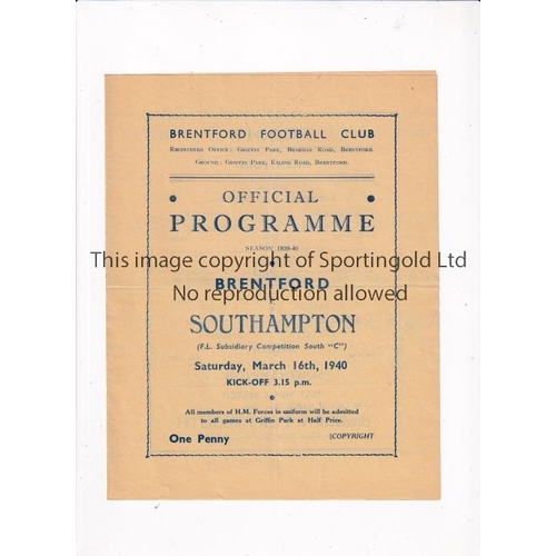 883 - BRENTFORD     Programme for the home FL Subsidiary Comp. South match v Southampton 16/3/1940, very s... 